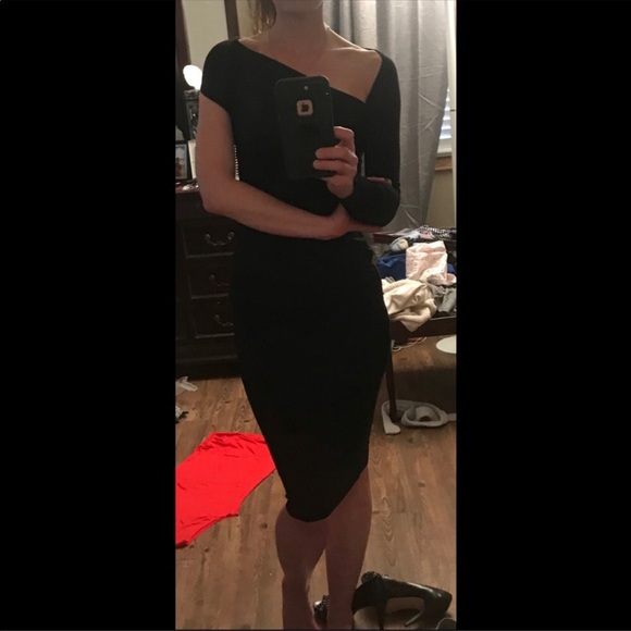 black dress asymmetrical neckline